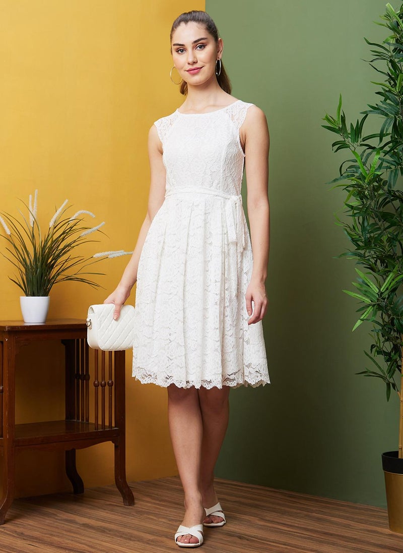 Globus Women Floral Lace Belted Fit & Flare Party Dress - Image 1